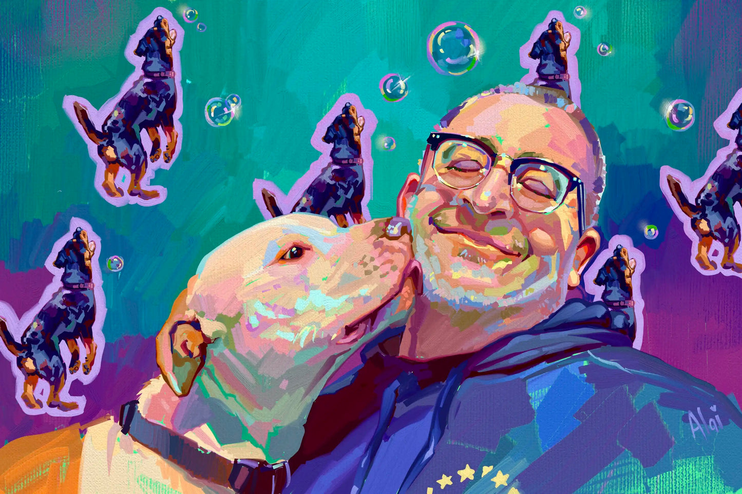 A digital oil-style painting of a smiling man with glasses getting a kiss from a white dog, set against a vibrant teal and purple background with floating bubbles and a repeating pattern of a small black and tan dog jumping in the air.