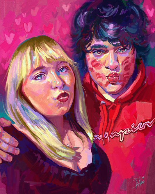 A vibrant digital oil painting of a couple. The man has red lipstick kisses all over his face and wears a red hoodie. The woman has blonde hair and a dark shirt. They are set against a bright pink heart-patterned background.