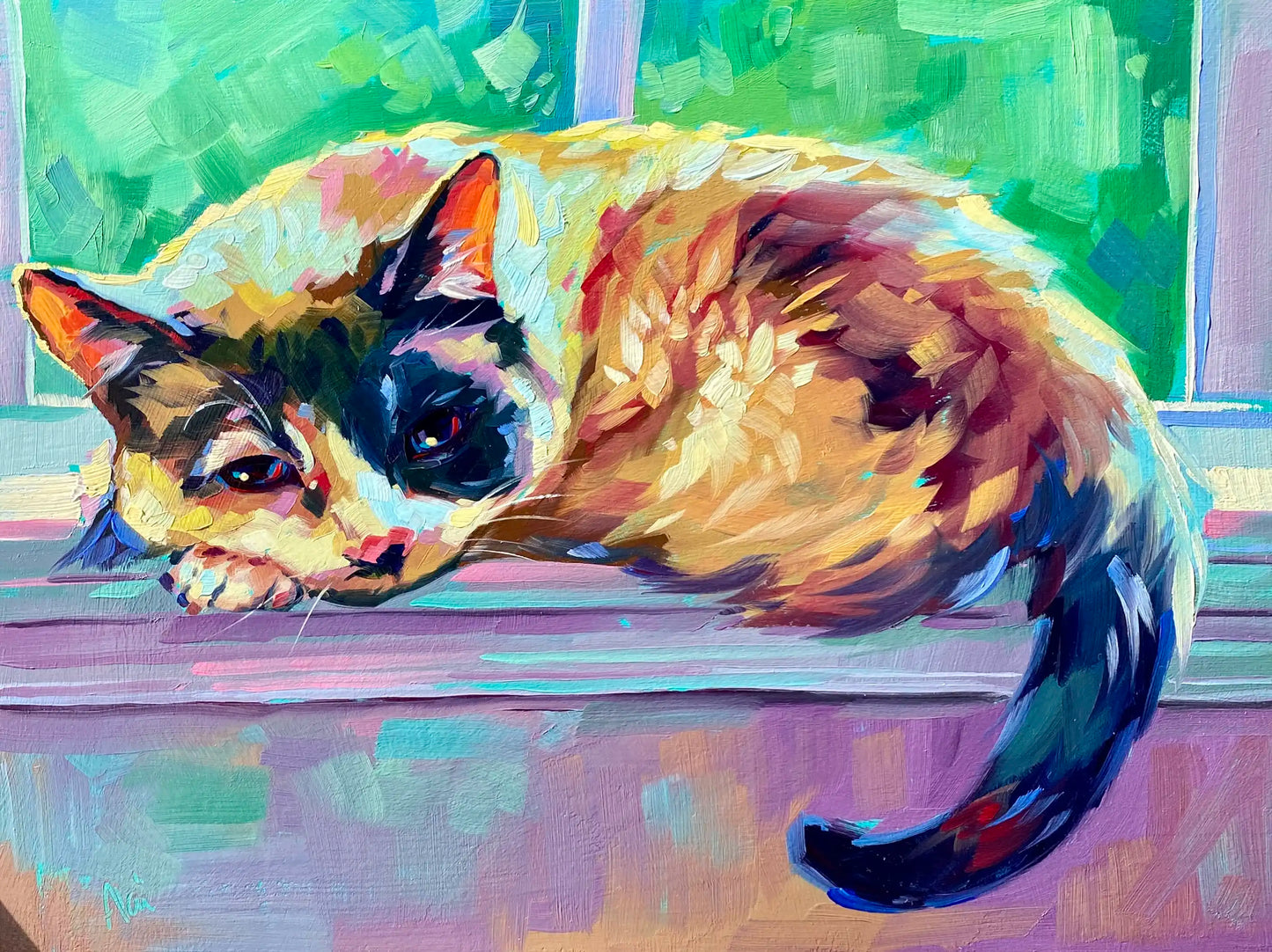 An original 9x12 oil painting of a tortoiseshell and cream cat resting peacefully on a purple window sill. Features thick impasto brushstrokes, a radiant back-lit fur halo, and a vibrant jade green backdrop.