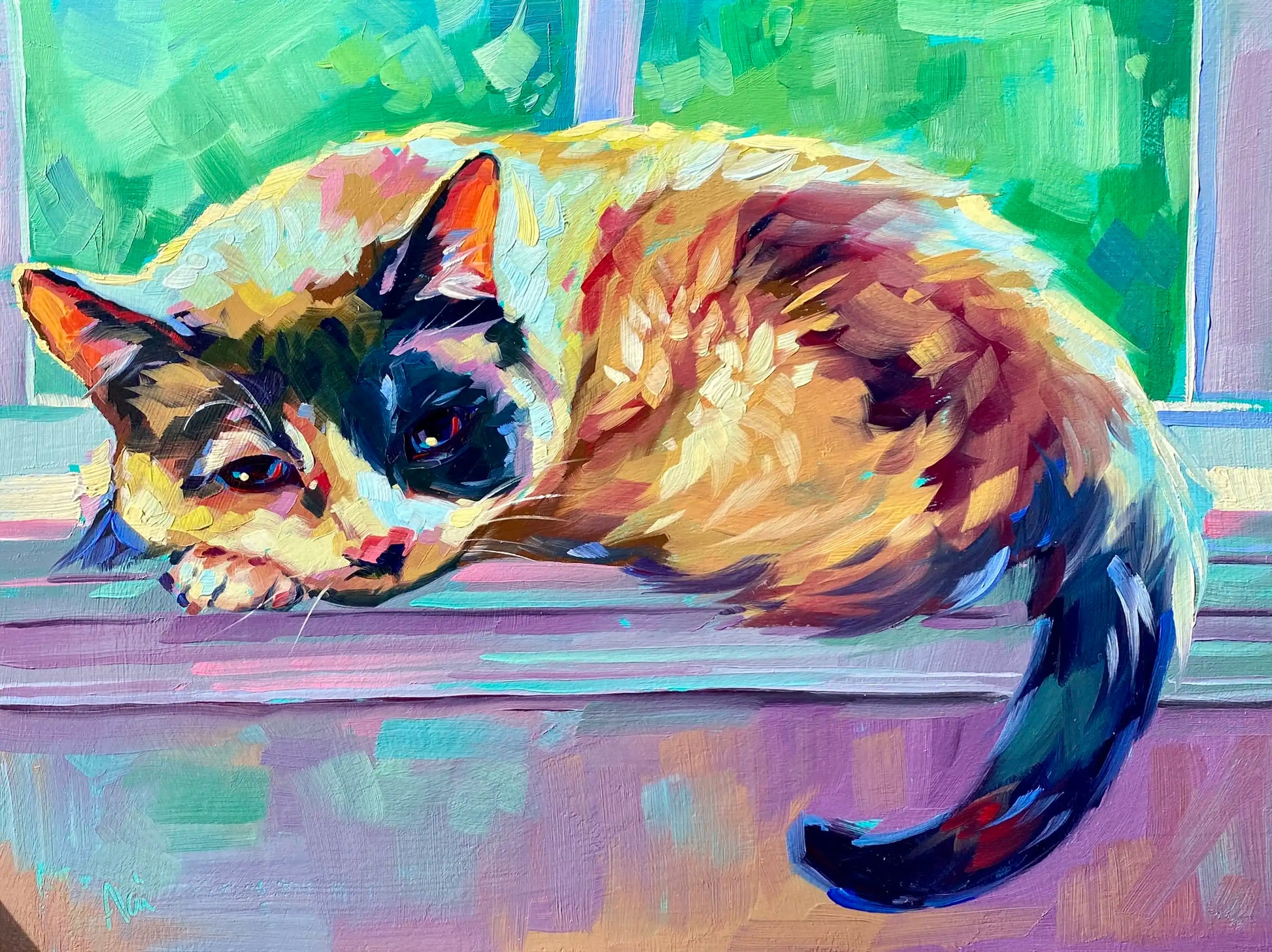 An original 9x12 oil painting of a tortoiseshell and cream cat resting peacefully on a purple window sill. Features thick impasto brushstrokes, a radiant back-lit fur halo, and a vibrant jade green backdrop.