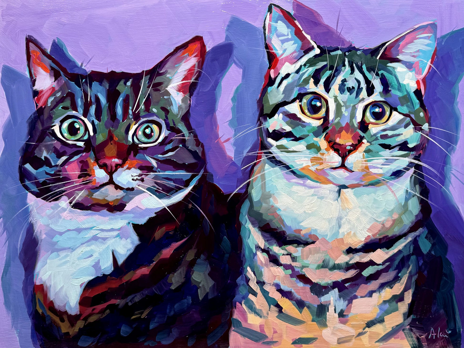 A high-contrast hand-painted pet portrait of a black cat and a grey cat sitting together, featuring thick impasto texture, spectral highlights, and vibrant warm tones on a 12x12 wood panel.