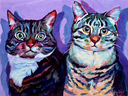 A high-contrast hand-painted pet portrait of a black cat and a grey cat sitting together, featuring thick impasto texture, spectral highlights, and vibrant warm tones on a 12x12 wood panel.