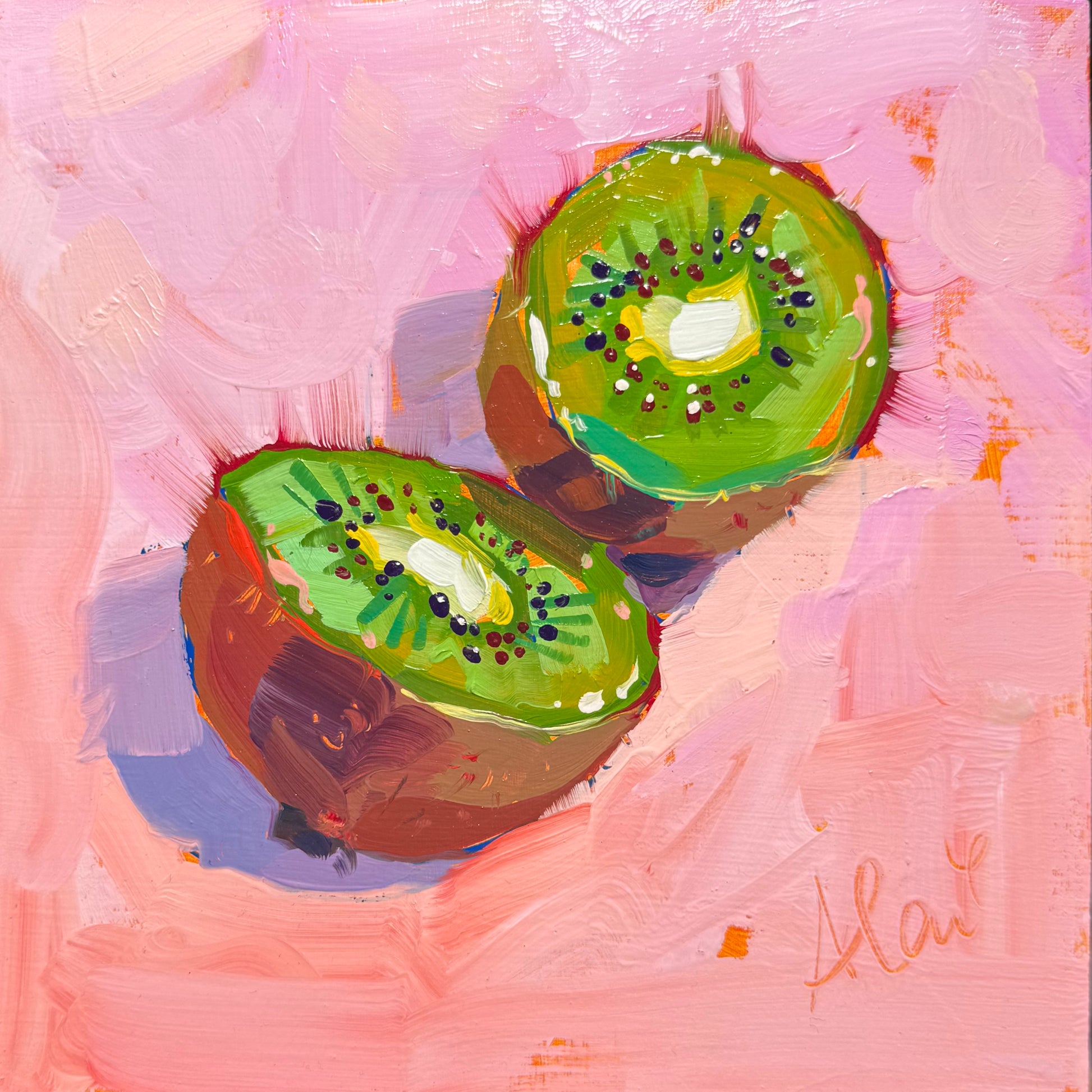 A square 15x15 cm original oil painting featuring two halves of a single kiwi fruit resting close together on a textured, light pink background. The kiwi halves are positioned with the cut green flesh facing forward. Each cut surface shows a vibrant lime green color with fine black seeds surrounding a central white core. The green paint is built with directional, sculptural brushwork. Non-traditional highlights of teal and soft pink are applied to the green flesh, giving it a glowing effect.