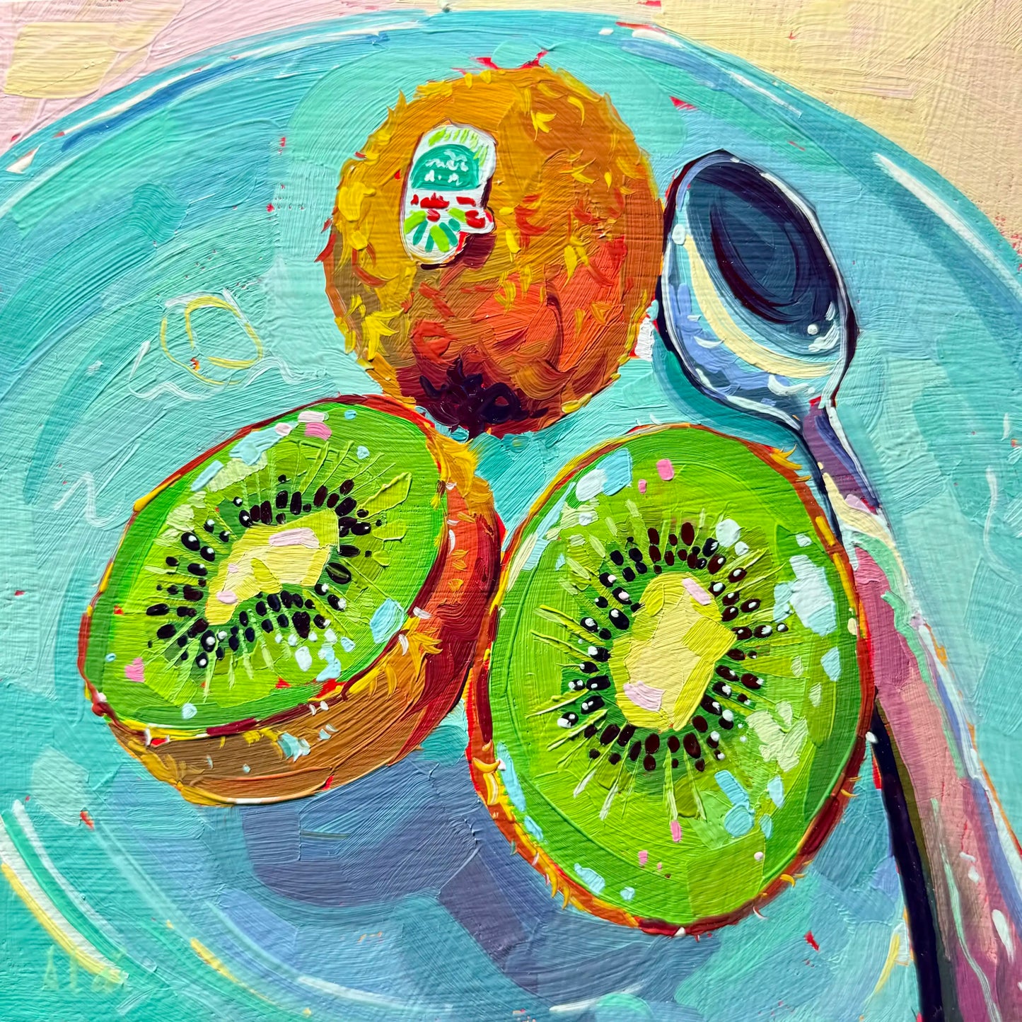 Original oil painting by Alai Ganuza titled "Kiwis and Spoon". Two sliced green kiwis and one whole kiwi with a sticker, sitting on a teal plate next to a silver spoon, painted with thick impasto texture.