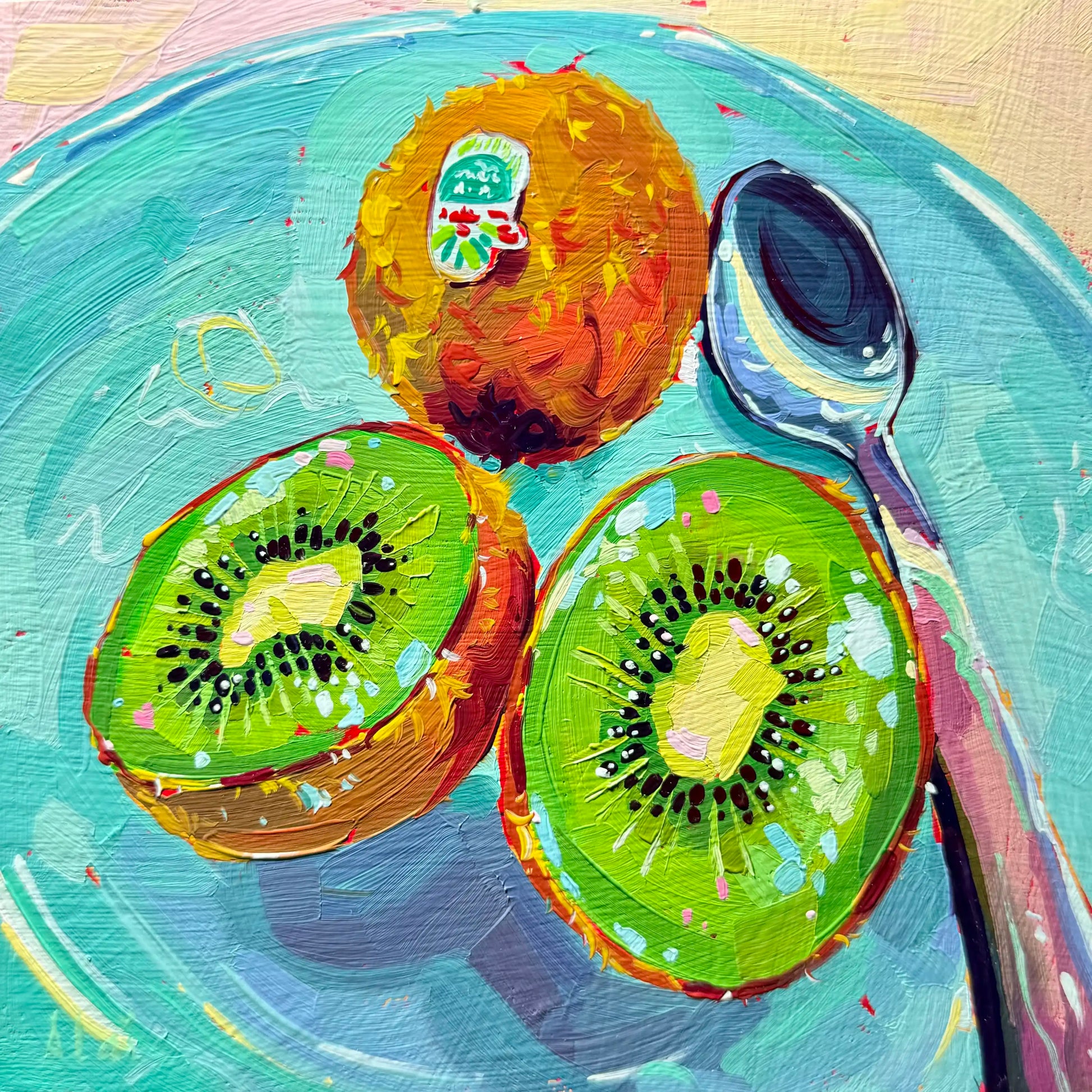 Original oil painting by Alai Ganuza titled "Kiwis and Spoon". Two sliced green kiwis and one whole kiwi with a sticker, sitting on a teal plate next to a silver spoon, painted with thick impasto texture.