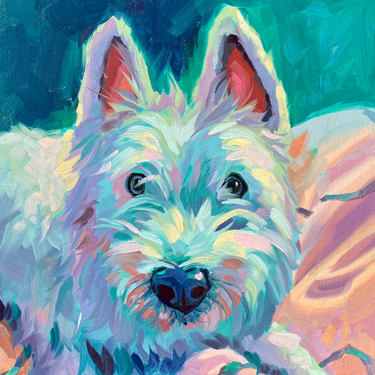 An original 8x8 oil painting of a white Westie dog named Kobe with large perked ears and a heart-shaped nose. Features a high-contrast background of deep teal and soft pink with thick brushstrokes.