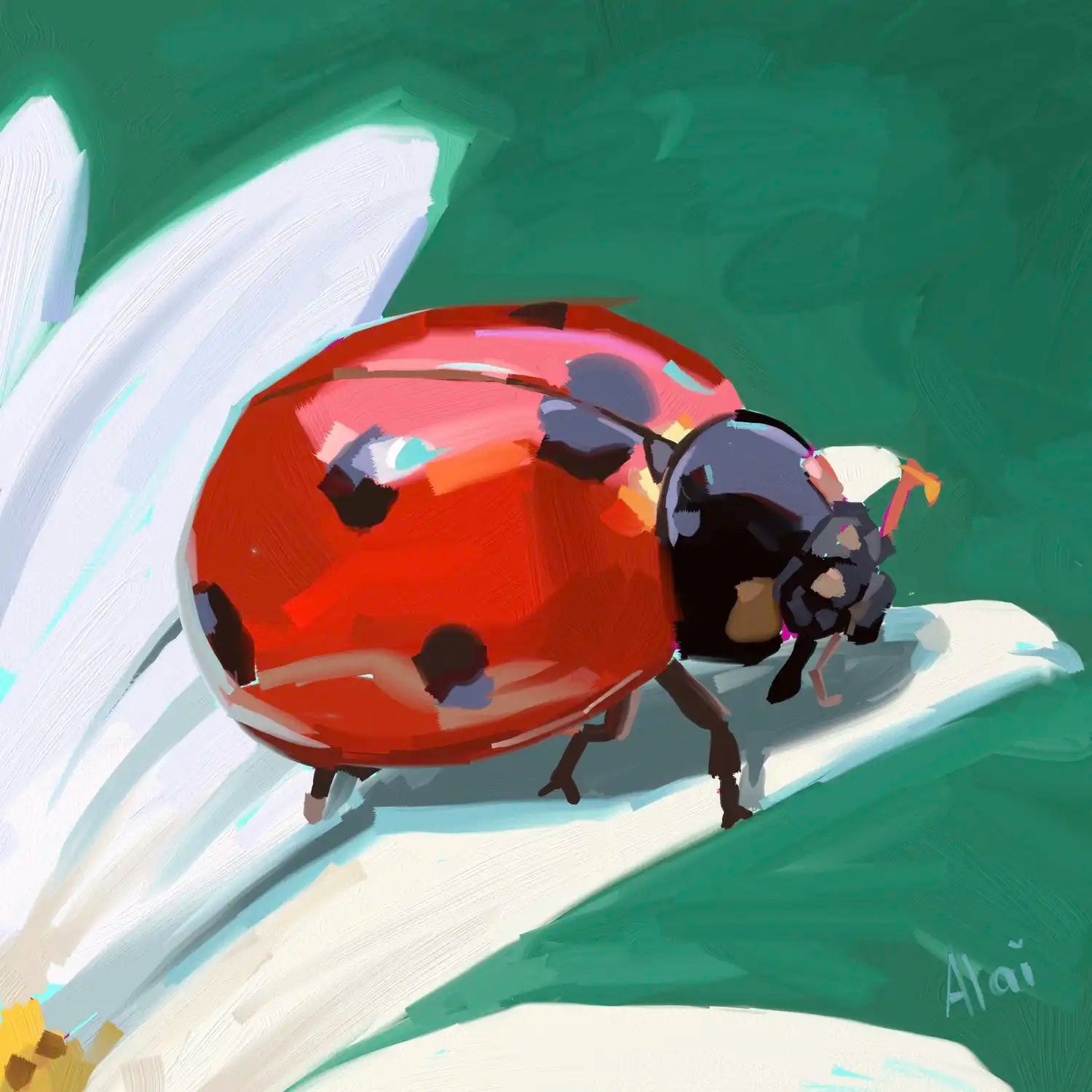 Vibrant digital macro painting of a ladybug on a white daisy flower petal titled Scarlet Wanderer by Alai Ganuza. The ladybug features a glossy red shell with black spots and bright white and blue light reflections. The scene is rendered in a textured, blocky digital style mimicking oil impasto against a solid deep green background, with a white studio signature in the lower corner.