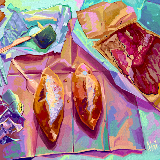A vibrant digital oil painting of a Spanish breakfast featuring ham, bread, and butter. It uses high-contrast pink and purple tones with thick impasto texture and neon highlights on food wrappers.
