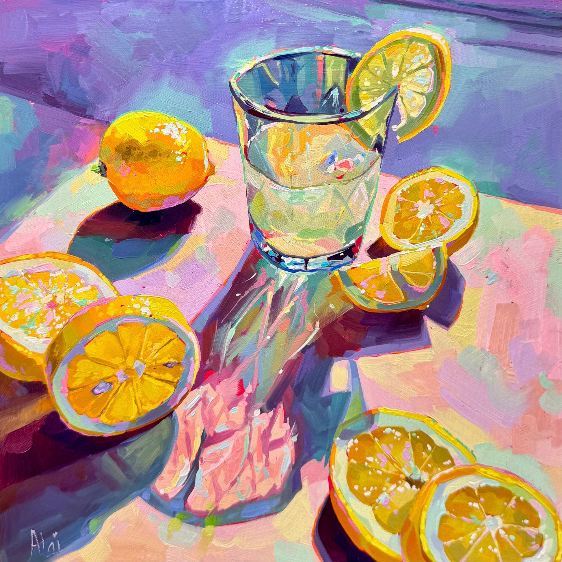 A square 30x30 cm original oil painting. In the center, a tall glass of water or lemon juice sits on a light-colored surface, casting a long, intricate shadow filled with neon pink, violet, and turquoise reflections. Several whole and sliced lemons are scattered around the glass, rendered in bright cadmium yellow with thick, raised impasto ridges that create a 3D relief. The background is a dense mix of lavender and purple brushstrokes.