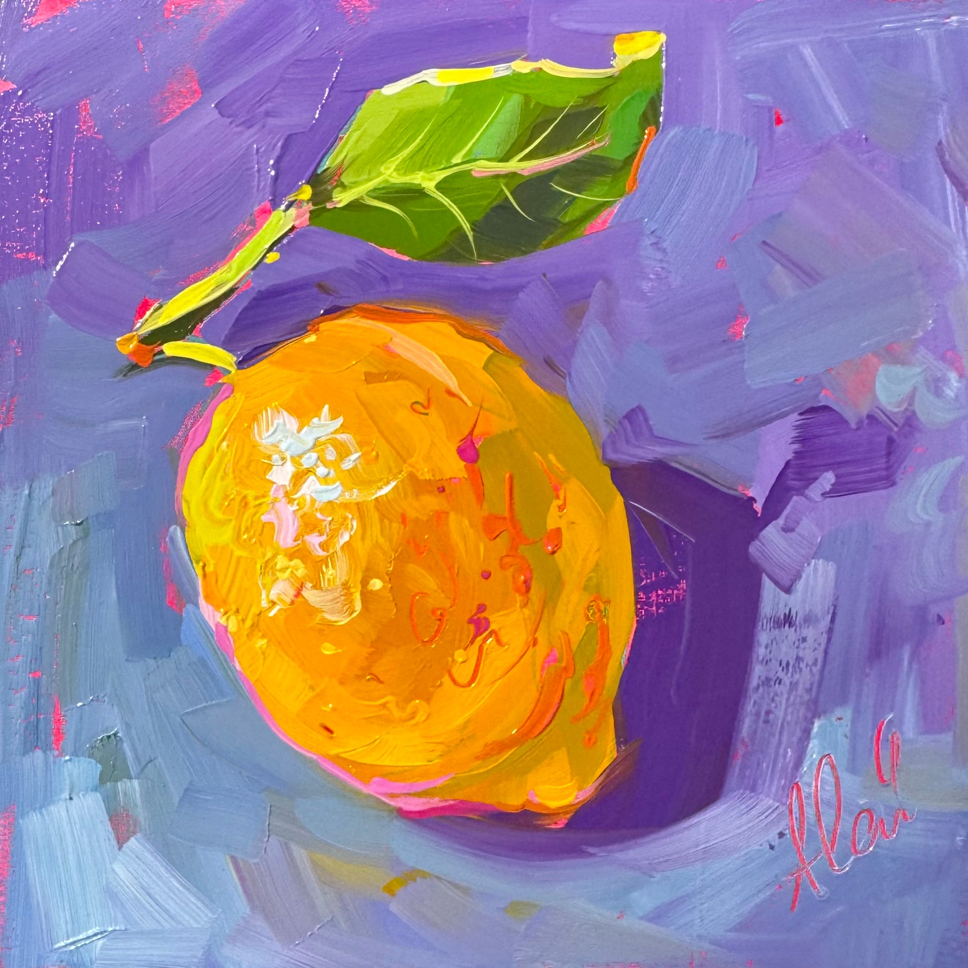 A square 15x15 cm original oil painting of a single lemon with a green leaf attached to a stem. The lemon is rendered in thick, sculptural yellow and orange paint with a bright neon pink highlight along the bottom edge. The background is a dense mix of deep purple and violet brushstrokes, providing a sharp contrast to the yellow fruit. The leaf is a vivid green with yellow highlights, and a deep purple shadow is cast to the right of the lemon. The surface shows visible, heavy impasto texture throughout.