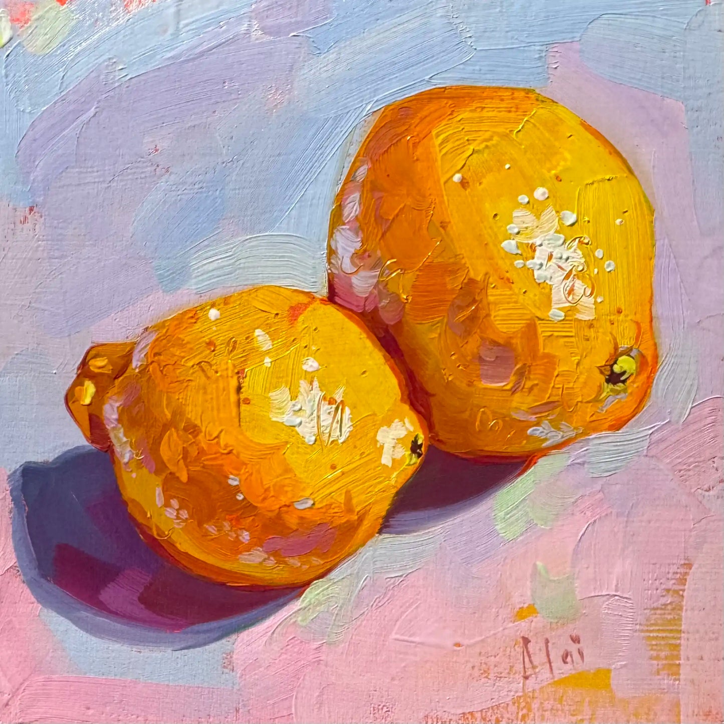 Original oil painting by Alai Ganuza featuring two fresh lemons. Vibrant yellow fruit still life on wood canvas.