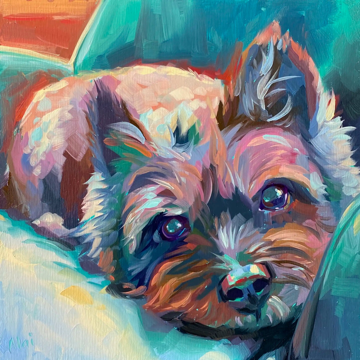 An original 10x10 oil painting of a senior terrier dog named Lucy resting on a light pillow. Painted with thick impasto texture against a background of bold teal and green tones.