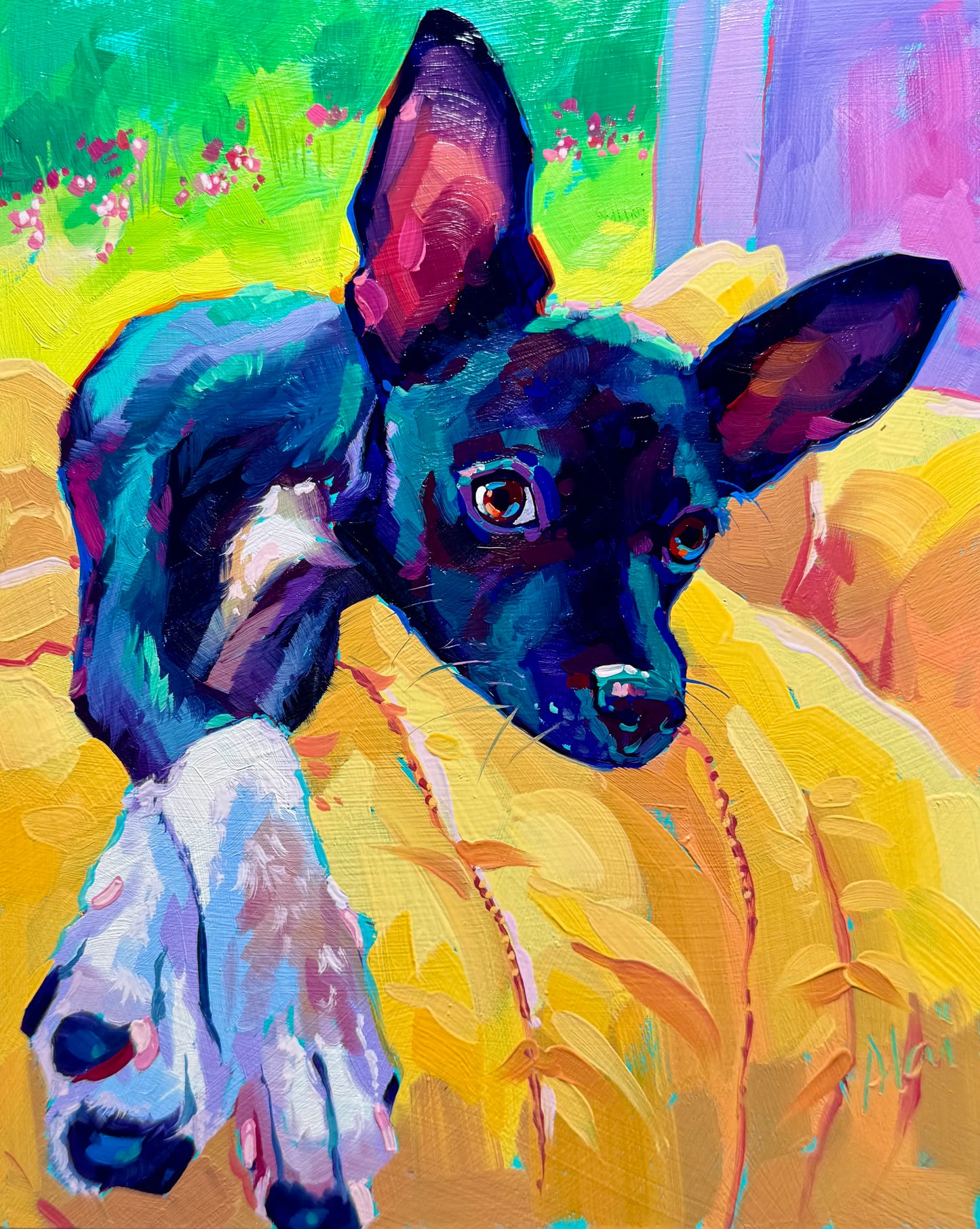 A high-contrast oil painting of a dark dog named Lucy with large ears. It features neon teal fur highlights, a bright yellow blanket, and a green background with buttery oil texture.