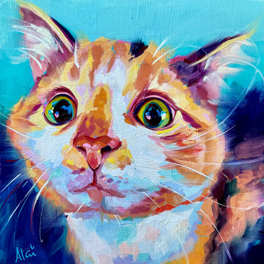 A vibrant custom oil painting of an orange cat named Miso against an electric blue and teal background, featuring thick impasto texture and high-contrast colors.
