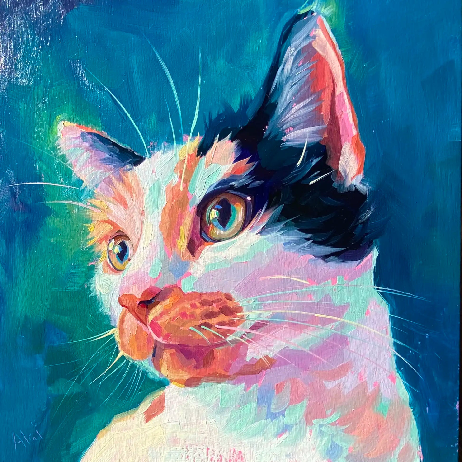 An original 10x10 oil painting of a calico cat named Mochi looking upwards. Features striking green and gold eyes, white, orange, and black fur patches, and a textured deep teal background.