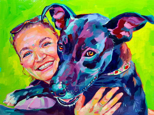 A high-contrast oil painting of a woman smiling and hugging a dark dog. It features neon fur highlights and a bright lime green background with thick impasto.