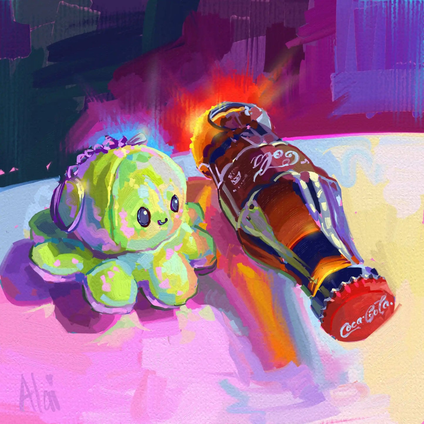Vibrant digital still life painting titled Neon Friendship by Alai Ganuza featuring a green octopus plushie next to a horizontal glass Coca-Cola bottle. An intense orange and yellow glow shines behind the bottle, casting deep purple shadows across a bright pink surface. The scene is rendered in a blocky, impasto digital style with a faint lavender signature in the bottom left corner.