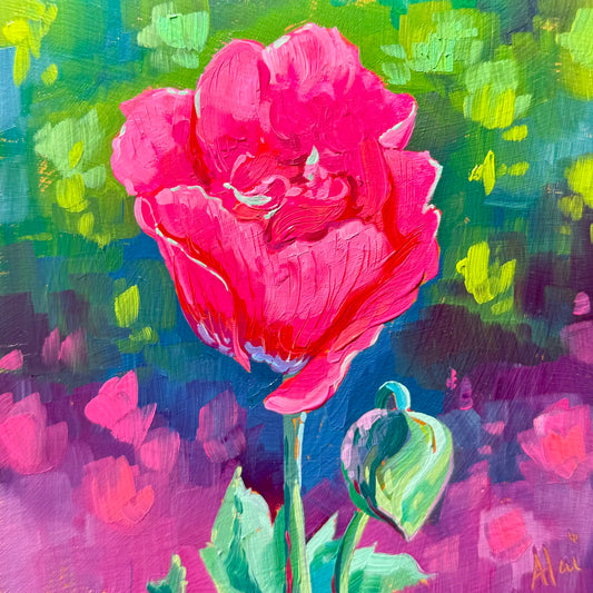 Original oil painting by Alai Ganuza titled "Neon Poppy". A vibrant neon pink poppy flower in bloom with a green bud, painted with thick impasto texture against a background of greens and deep purples.