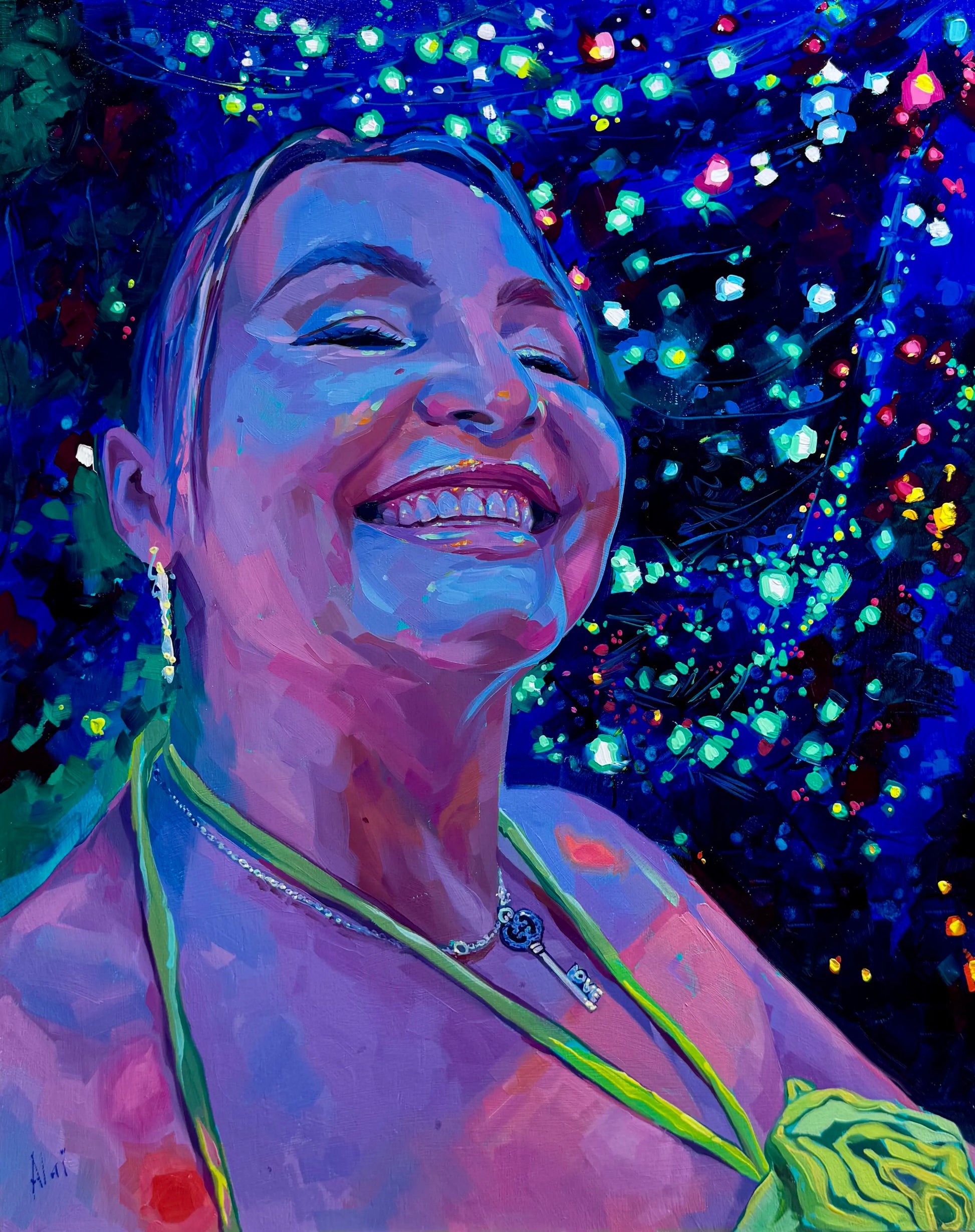 A high-contrast 16x20 oil painting of a smiling woman under vibrant neon blue lighting. It features a teal background with thick impasto texture and luminous purple highlights.