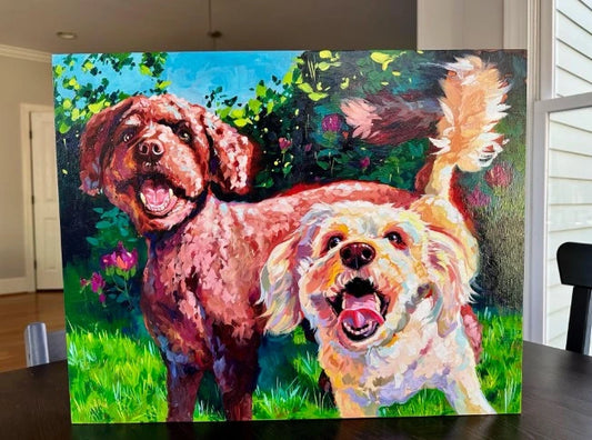 A high-contrast chromatic oil painting of Odin (a chocolate doodle) and Dexter (a golden doodle) together against a vibrant green and floral background, featuring thick impasto and buttery textures.