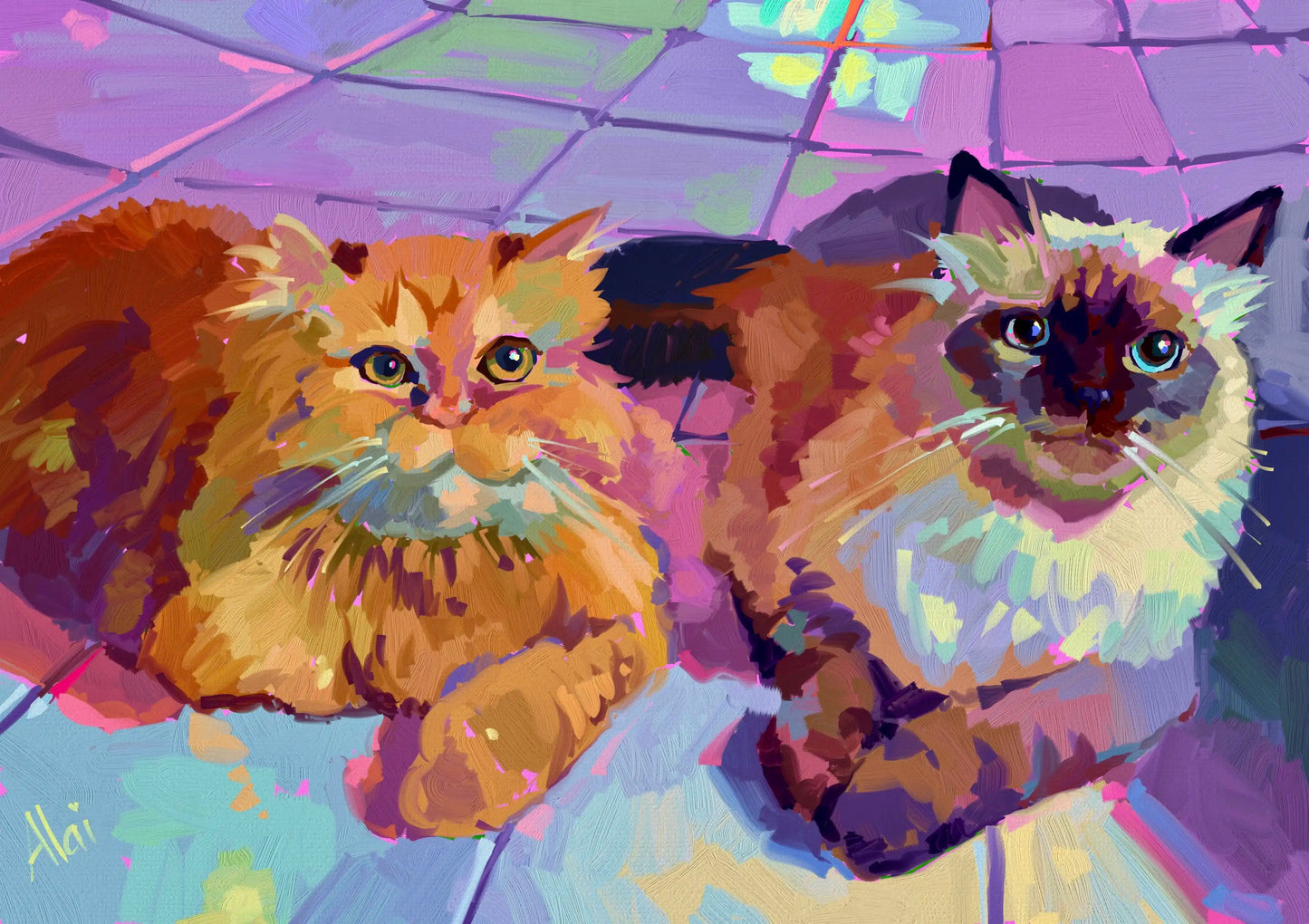 A digital oil-style painting of two cats sitting close together. On the left is a fluffy long-haired orange cat with amber eyes, and on the right is a colorpoint cat with dark features and striking blue eyes, set against a pastel purple tiled floor.
