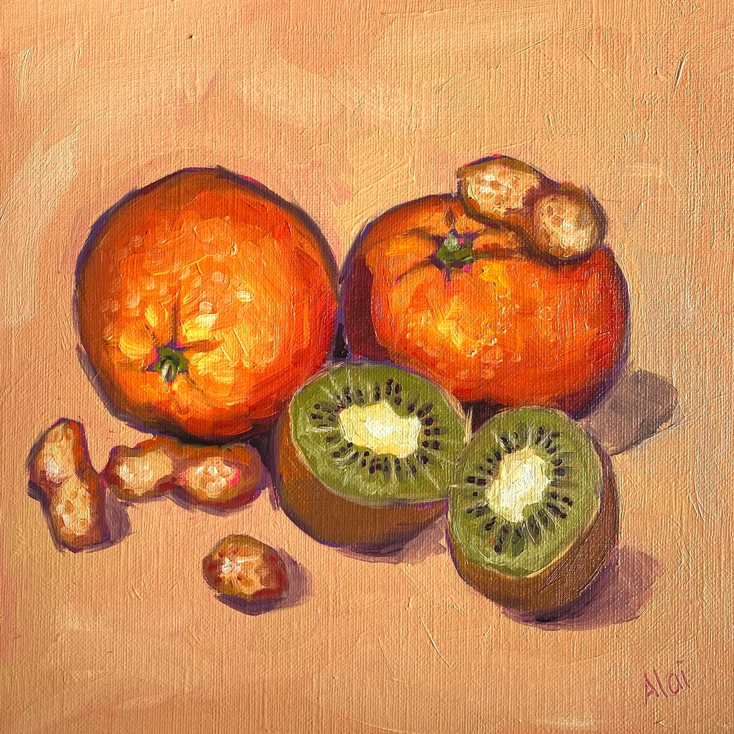 Original oil painting by Alai Ganuza titled "Oranges, kiwis and peanuts". Two whole oranges, a halved kiwi with a bright green interior, and several peanuts in shells rendered in thick impasto on a warm, textured ochre background.