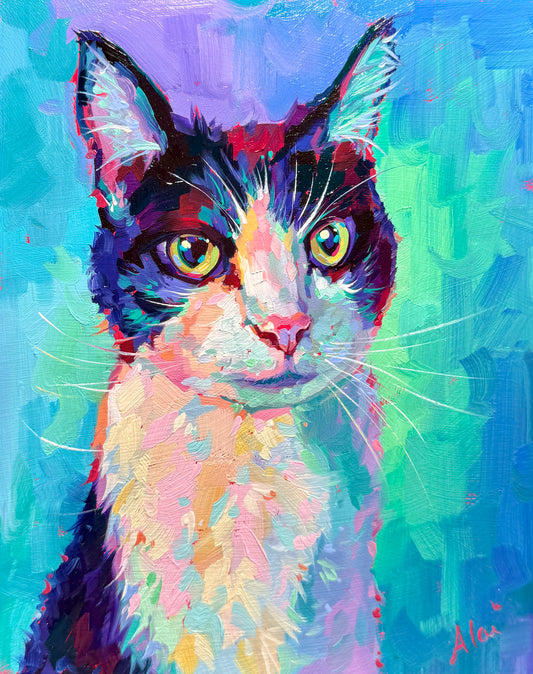 A vibrant 8x10 oil painting of a cat named Ovid sitting up. It features bright teal and aqua highlights, green eyes, and a thick painterly texture on a wood panel.