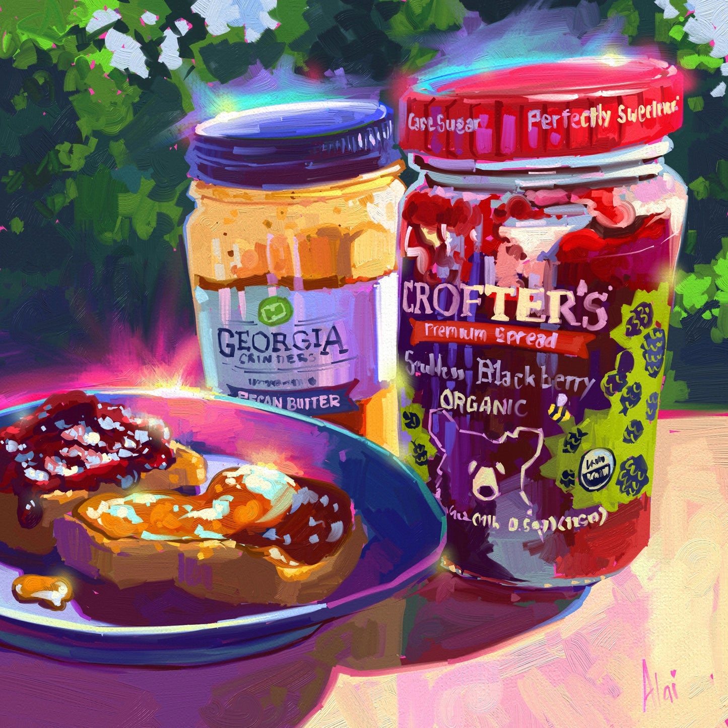 A vibrant digital oil painting of pecan butter and blackberry jam jars with toast on a blue plate. The scene features high-saturation colors, neon highlights, and a sunny outdoor background.