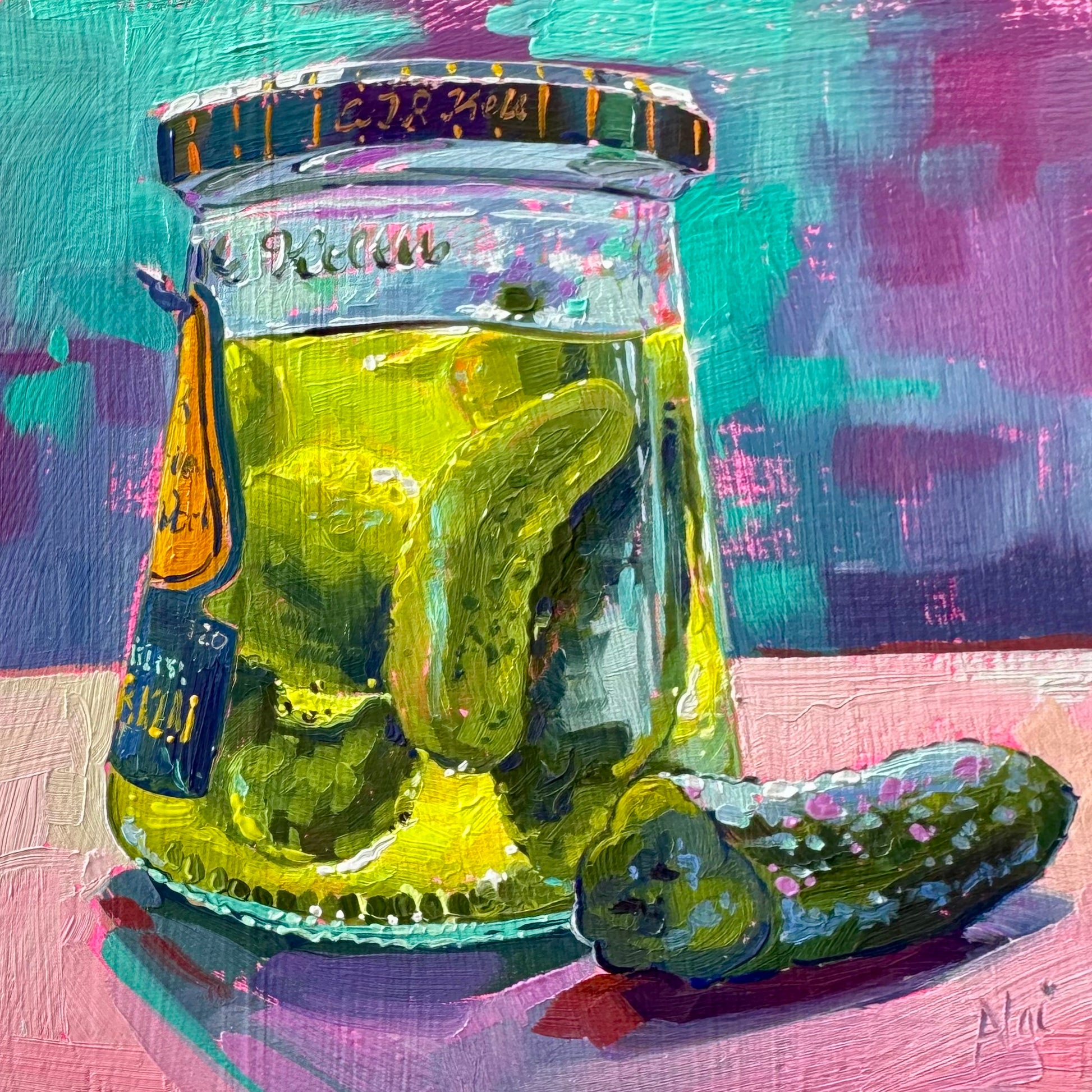 It depicts a vibrant still life study of a glass jar packed with bright green pickles in translucent yellow brine, alongside a sliced pickle resting in the foreground on a pink surface. The artwork features thick, blocky impasto oil brushstrokes on a square wooden canvas, highlighting a glass jar with a metallic lid and a hanging tag against a high-contrast magenta and turquoise background.