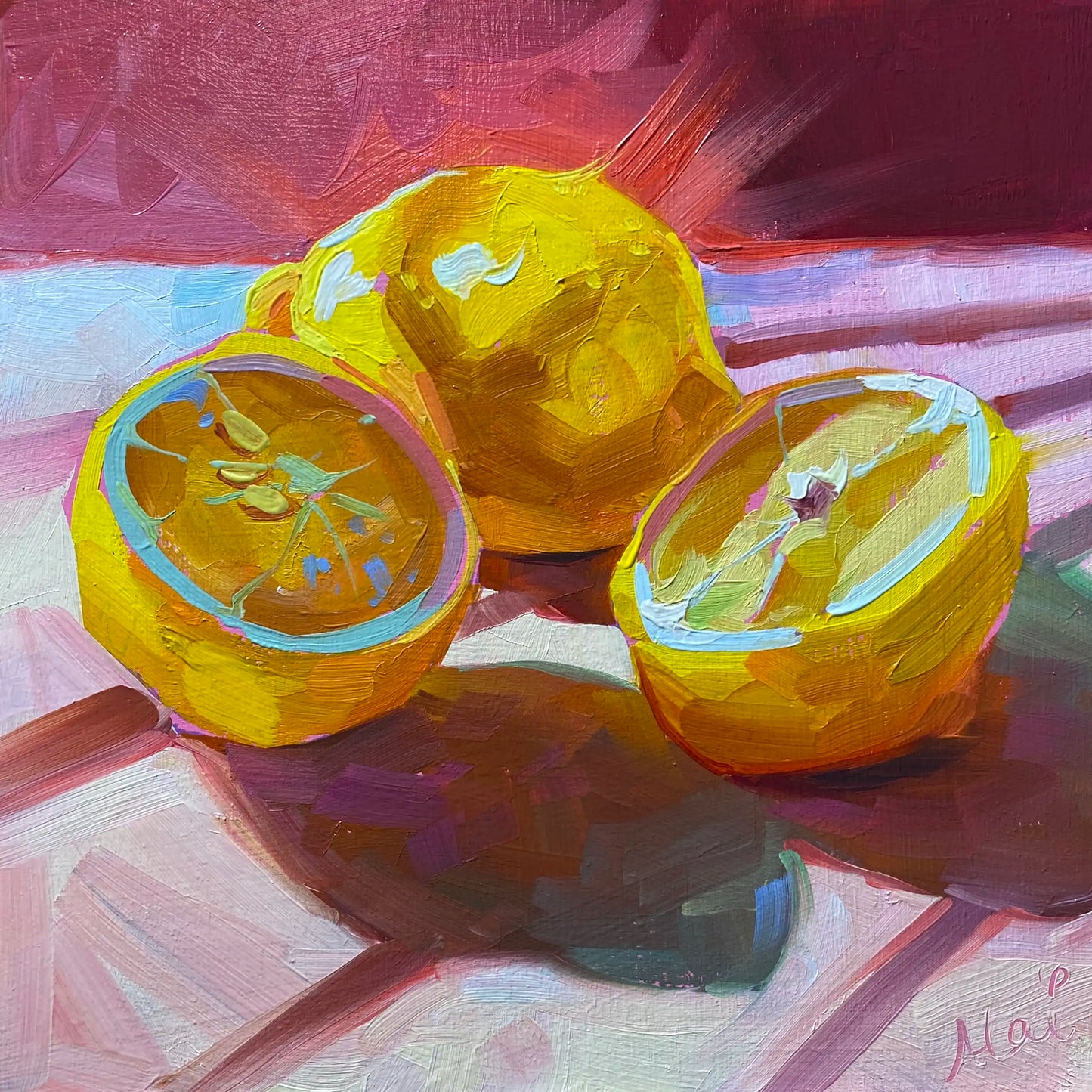 Original oil painting by Alai Ganuza titled "Pink lemons". One whole yellow lemon and two cut halves revealing pinkish flesh on a striped pink and red background, painted with thick impasto texture.