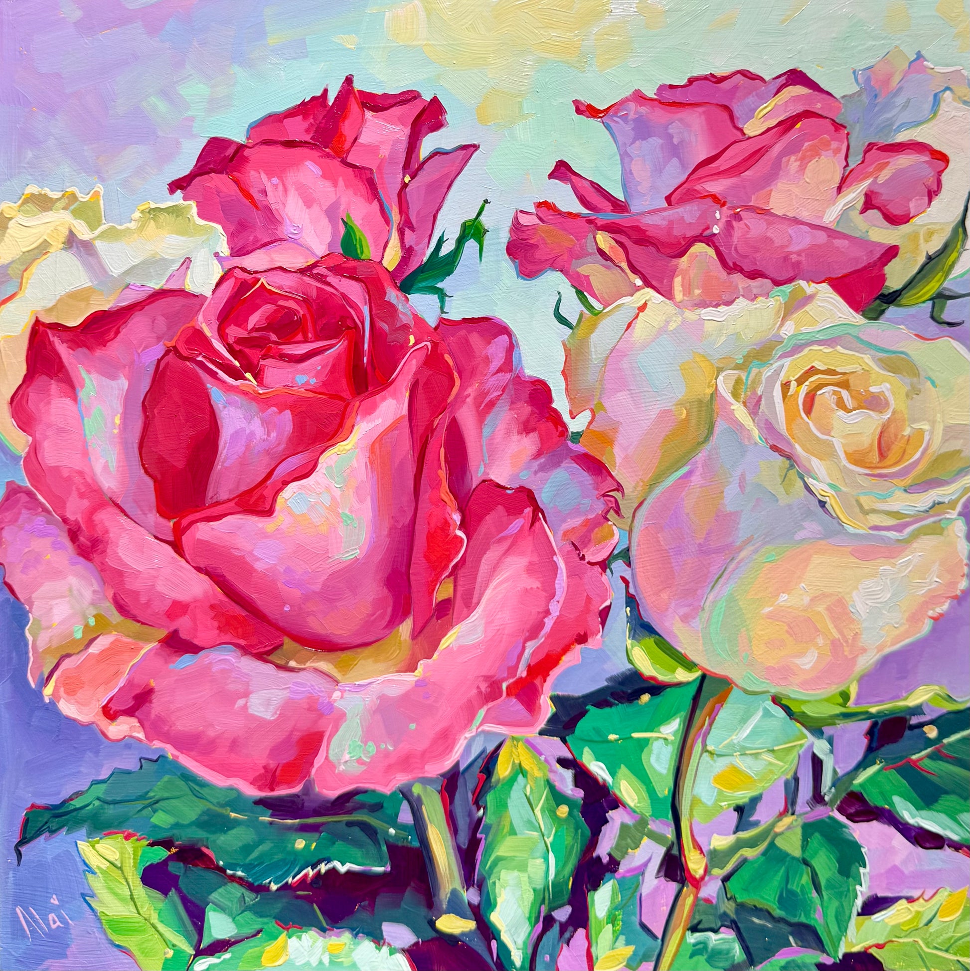 A 30x30 cm square original oil painting of several roses. A large, prominent deep pink and red rose sits in the left foreground, surrounded by several smaller roses in shades of magenta, soft pink, and creamy white. The petals are rendered with thick, sculptural impasto brushwork, creating raised ridges that add physical 3D volume. The leaves are vibrant green with deep purple and burgundy shadows. The background is a soft mosaic of lavender, mint green, and pale yellow strokes.