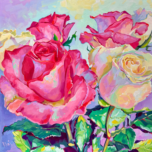 A 30x30 cm square original oil painting of several roses. A large, prominent deep pink and red rose sits in the left foreground, surrounded by several smaller roses in shades of magenta, soft pink, and creamy white. The petals are rendered with thick, sculptural impasto brushwork, creating raised ridges that add physical 3D volume. The leaves are vibrant green with deep purple and burgundy shadows. The background is a soft mosaic of lavender, mint green, and pale yellow strokes.