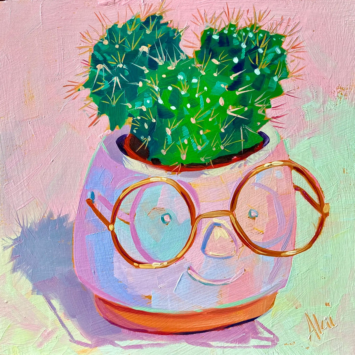 Original oil painting by Alai Ganuza titled "Pointy Hairstyle". A green spiky cactus planted in a light purple pot shaped like a smiling face wearing round gold glasses, painted on a square wood panel.