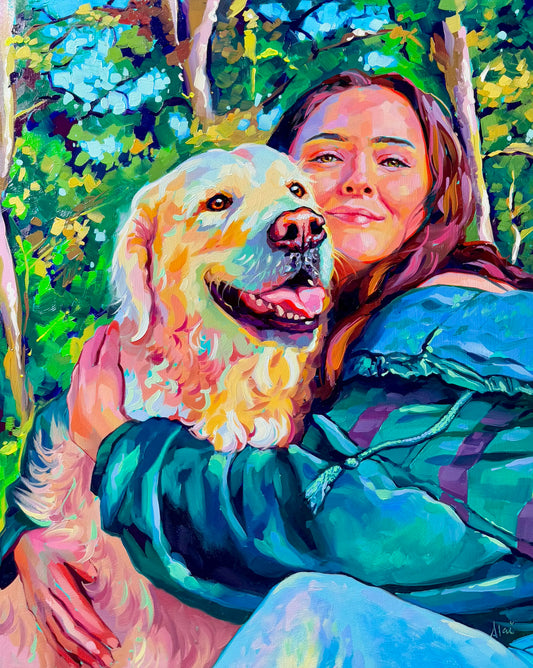 A vibrant 16x20 oil painting of a woman hugging her golden retriever in the woods. The background features sunset colors like pink, orange, and purple with thick impasto.