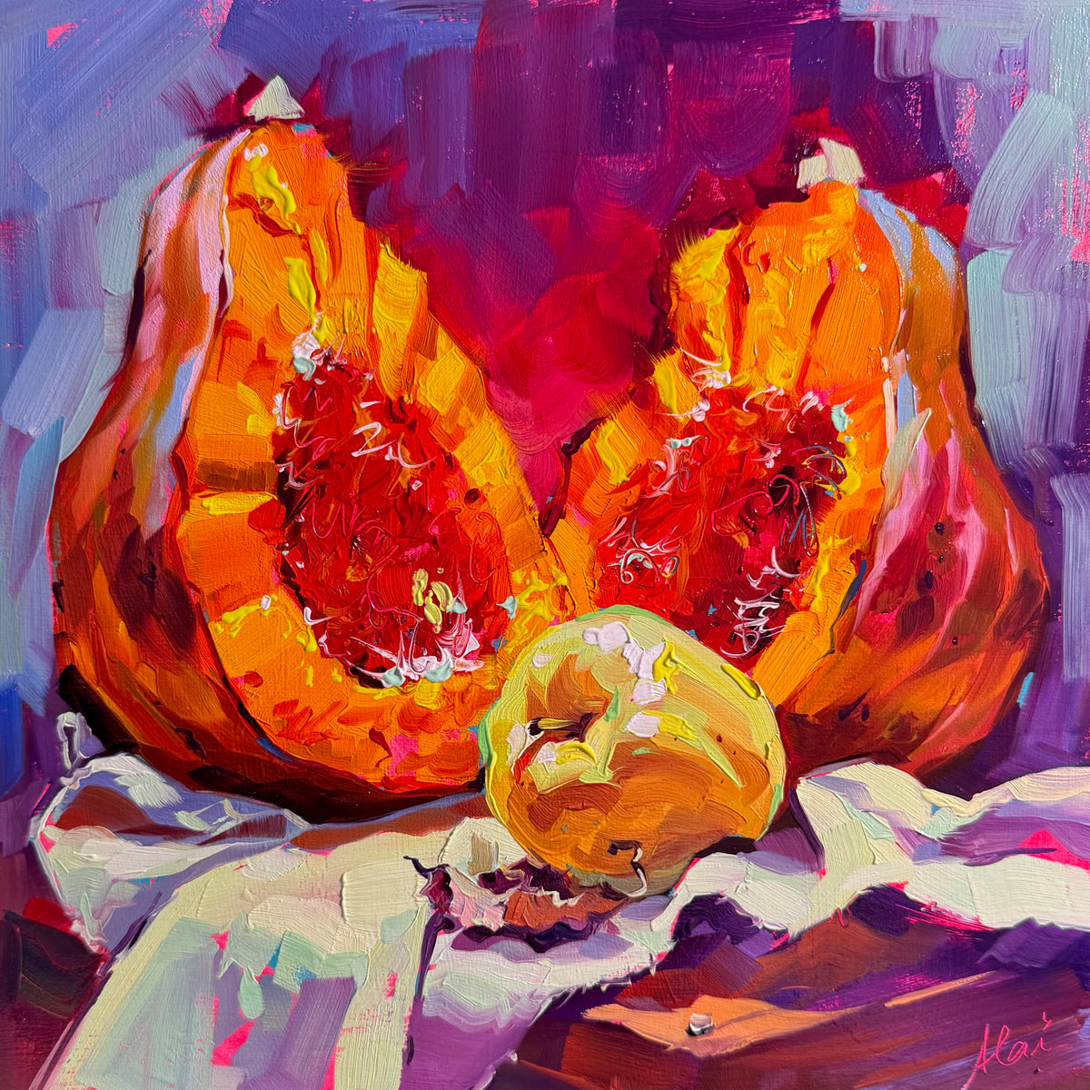 original halloween themed Pumpkin still life painting depicting a vibrant orange pumpkin opened in half witha  yellow apple right in the middle of the composition