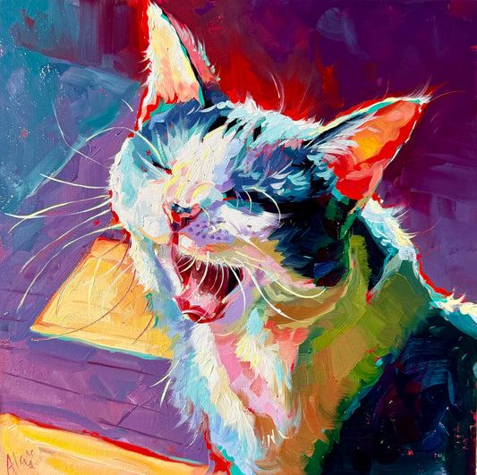 A high-contrast oil painting of a yawning cat named Remus against a vibrant purple and red background. It features thick impasto texture and luminous highlights on the ears.