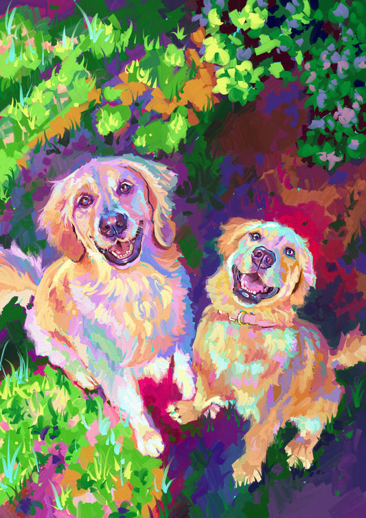 A vibrant digital oil painting of two Golden Retrievers sitting in a colorful garden. It features high-contrast fur highlights in pink and yellow against a background of purple and green grass.