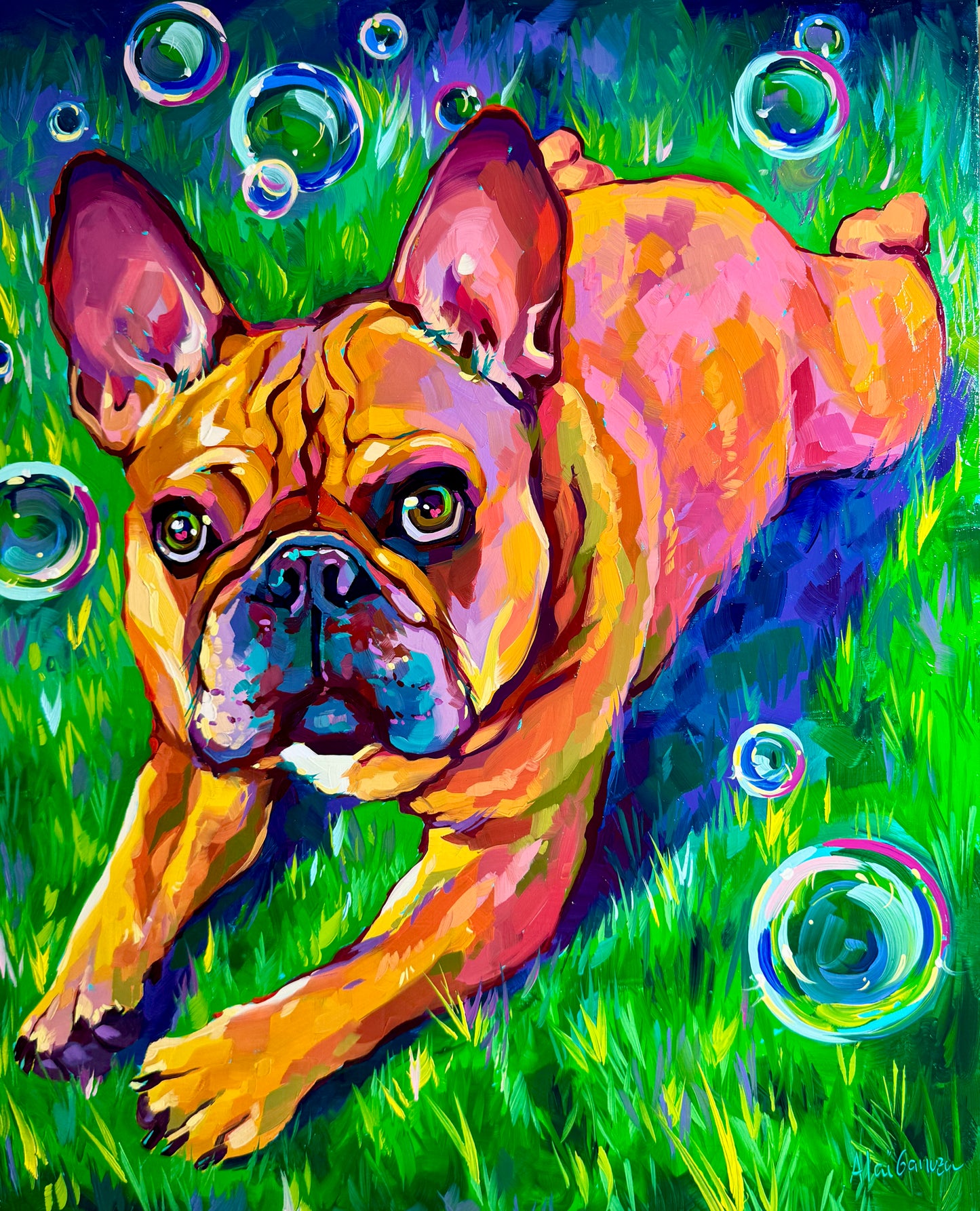 A high-contrast 16x20 oil painting of a French Bulldog named Roni. It features a vibrant background of blue and green bubbles with thick impasto texture and luminous highlights.
