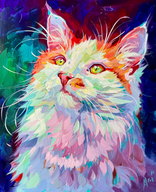 A vibrant oil painting of a fluffy cat named Sammy with neon pink and orange fur highlights and green eyes against a deep purple and teal background.