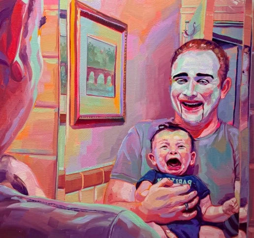 A high-contrast custom oil painting of a dad in scary makeup holding a crying baby in front of a mirror, featuring thick impasto texture, reversed "PART T-REX" shirt lettering, and vibrant spectral highlights.