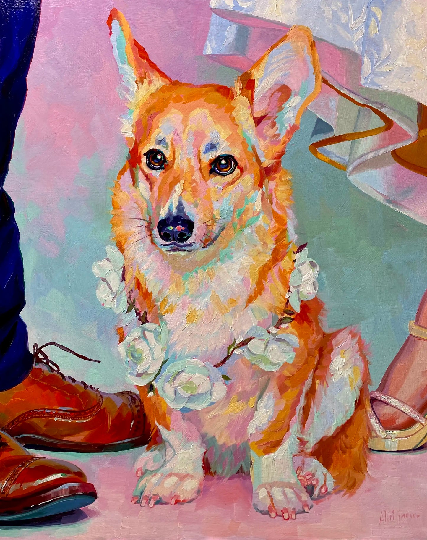 An original 40x50 cm oil painting of a golden Corgi named Shio wearing a white flower garland. He sits centered between a groom's brown leather shoes and the lace edge of a bride's wedding gown, painted with thick impasto texture.
