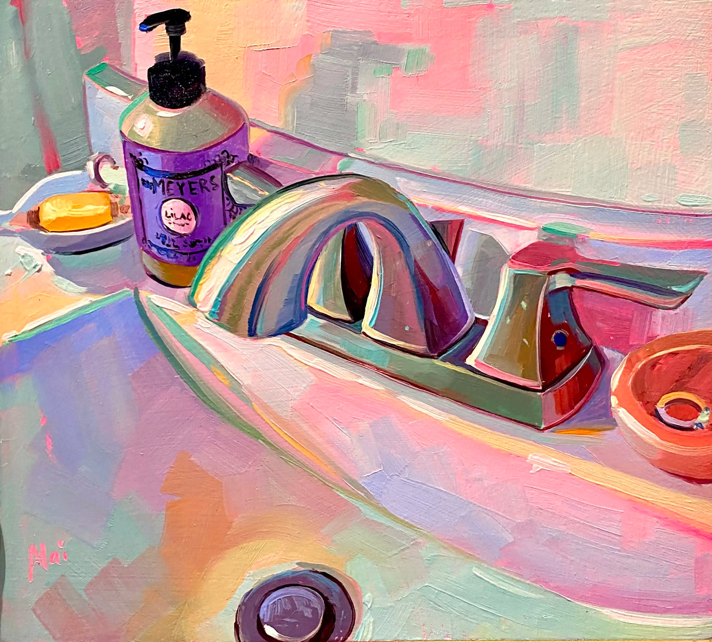 An original oil painting of a bathroom sink and chrome faucet. Features a purple soap dispenser on the left and a small dish with a ring on the right, painted with thick pink, lavender, and teal textures.