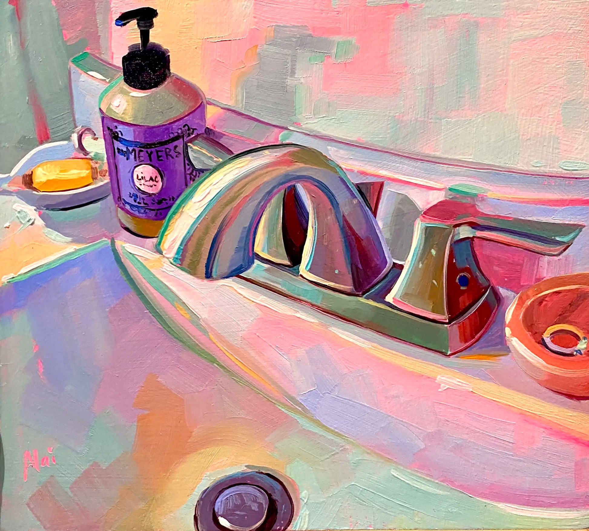 An original oil painting of a bathroom sink and chrome faucet. Features a purple soap dispenser on the left and a small dish with a ring on the right, painted with thick pink, lavender, and teal textures.