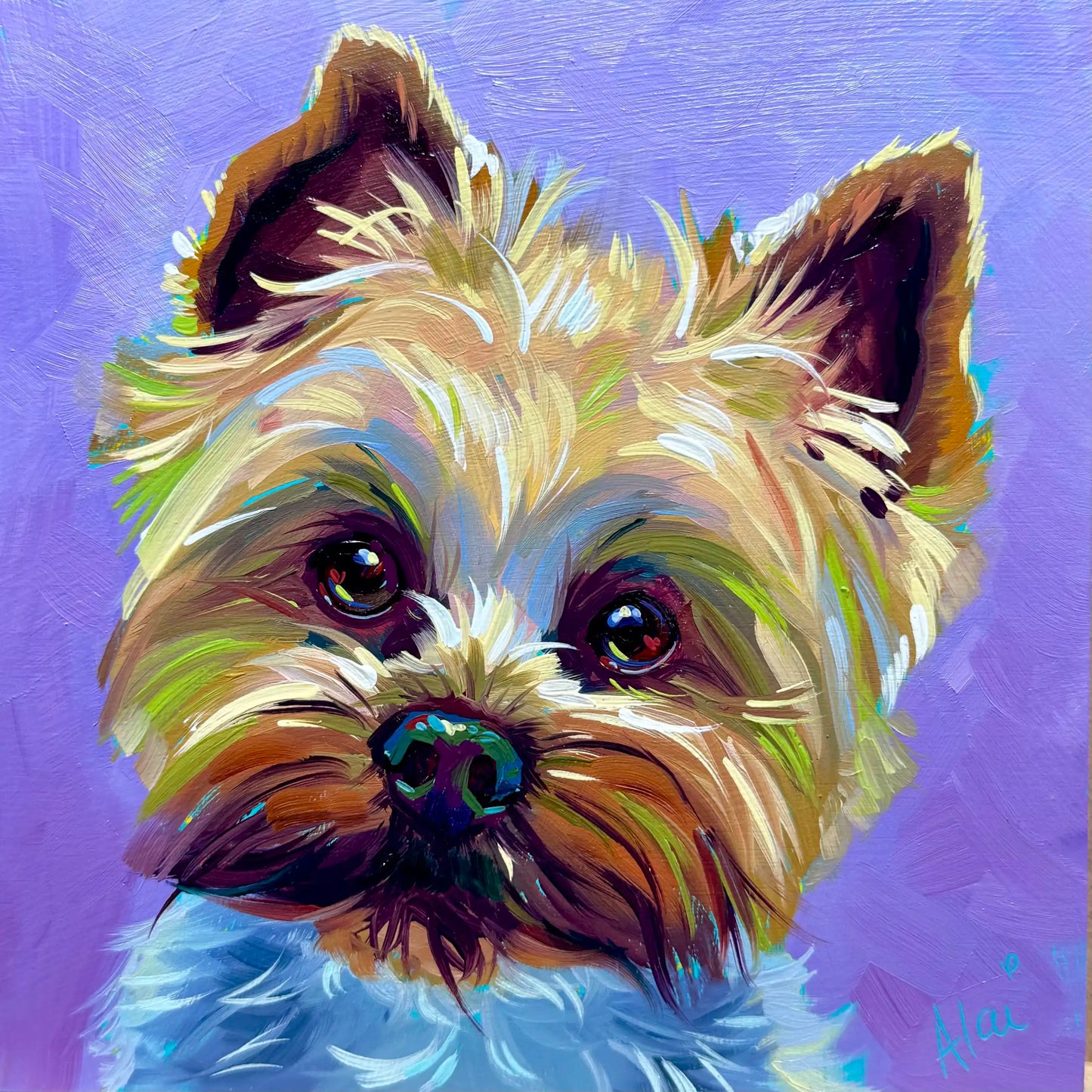 An original 6x6 oil painting of a small Yorkie dog named Skipper with large perked ears and glassy dark eyes. Set against a solid, vibrant lavender background with thick impasto brushstrokes.