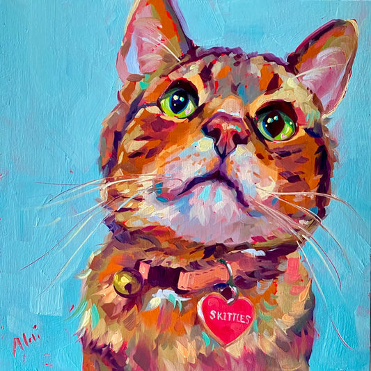 An original 8x8 oil painting of a tortoiseshell cat named Skittles looking up. She wears a collar with a bell and a heart tag, set against a solid light green background with heavy texture.