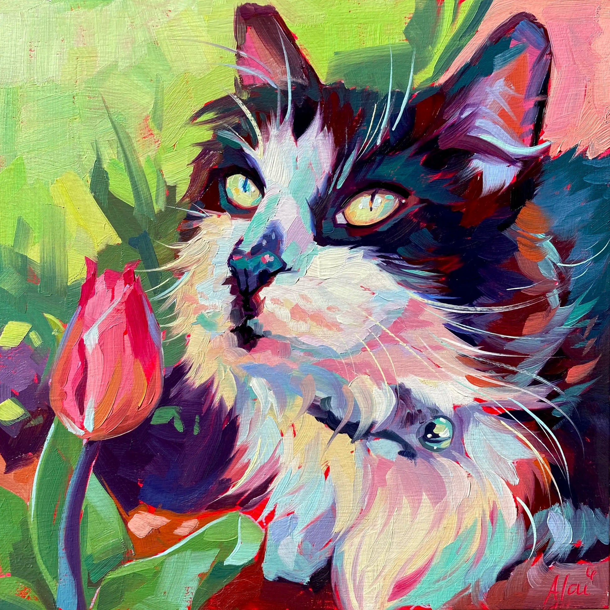 An original 8x8 oil painting of a fluffy black and white cat named Fish sniffing a bright pink tulip. Set against a color-blocked background of lime green and coral with thick brushstrokes.