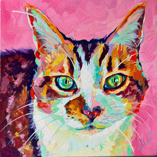 A vibrant 20x20 cm oil painting of a tricolor cat named Smudge against a bright pink background. It features thick impasto texture and luminous green eyes.