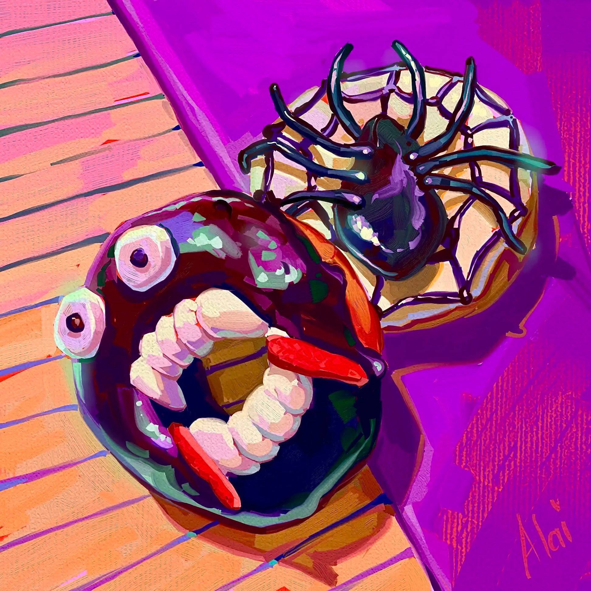 Vibrant digital painting titled Spooky Bites by Alai Ganuza featuring two Halloween donuts. One chocolate donut has monster fangs and bulging candy eyes, while the other has a black spider on a frosted web. The scene uses a blocky, impasto digital style against a bright purple background, signed Alai in the corner.
