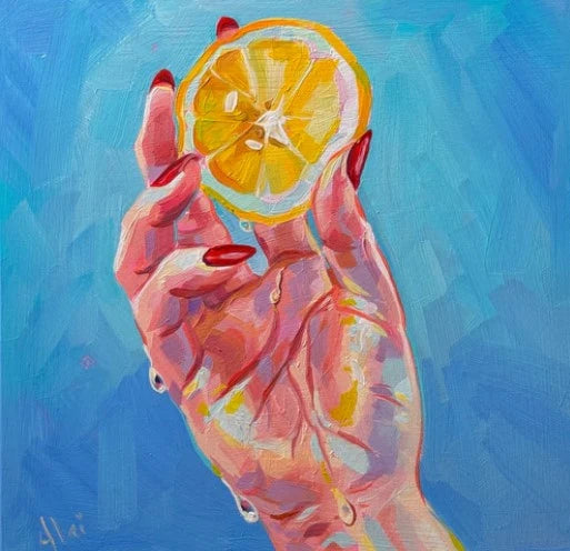 A vibrant custom oil painting of a female hand with long red nails squeezing a halved lemon, with realistic juice drips trailing down the forearm against a high-contrast background.