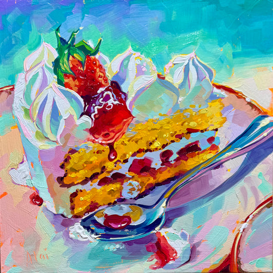 A square 20x20 cm original oil painting of a slice of strawberry shortcake on a pinkish-peach plate. The cake has golden-yellow layers filled with red jam, topped with high, sculpted swirls of white and pale lavender whipped cream. A bright red strawberry with a green stem sits in the center of the cream. A silver spoon with a reflection of red jam rests at the bottom of the slice. The background is a vibrant, textured turquoise blue.